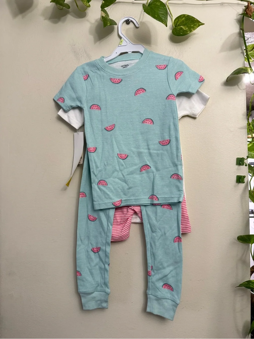 Carter's White Tee & Mint Watermelon Pajama Set with Pink Accents